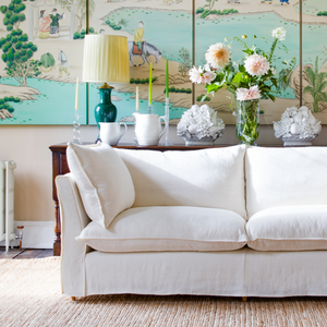 Coco 2.5 seater sofa with Self Piped Knife Edge cushion in Designers Guild Brera Lino Chalk - Made to order
