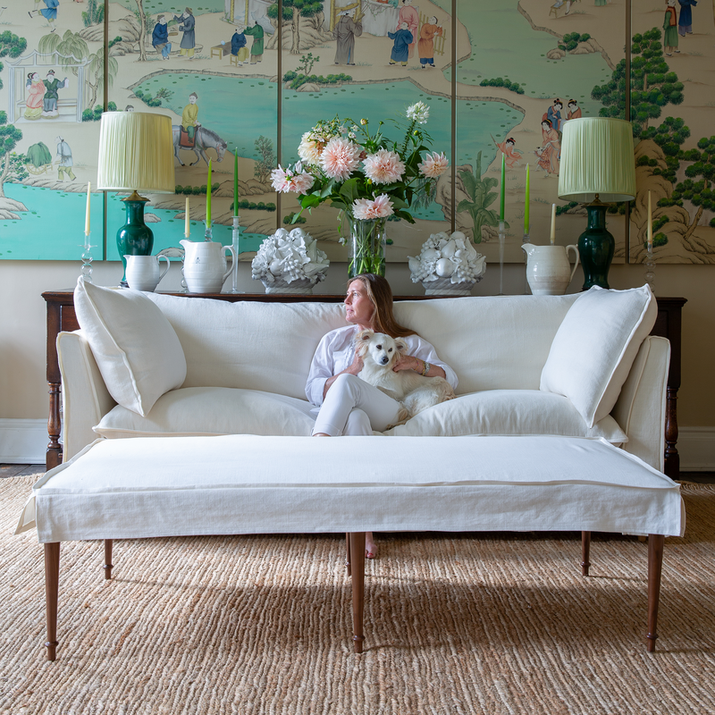 Coco 2.5 seater sofa with Self Piped Knife Edge cushion in Designers Guild Brera Lino Chalk - Made to order
