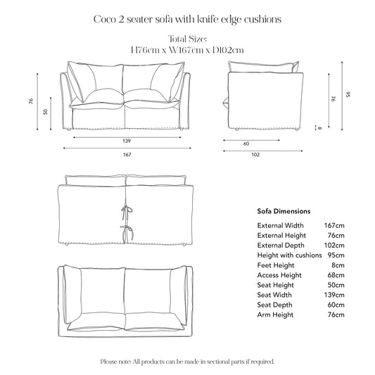 Coco 2 seater sofa with Self Piped Knife Edge cushion in Cotton Linen Sunflower - Available for quick ship