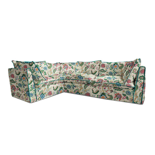 Coco 2 x 3 seater sofa with Knife Edge Cushion in Kitty Spring Green with Velvet Trim - Available for Quick Ship