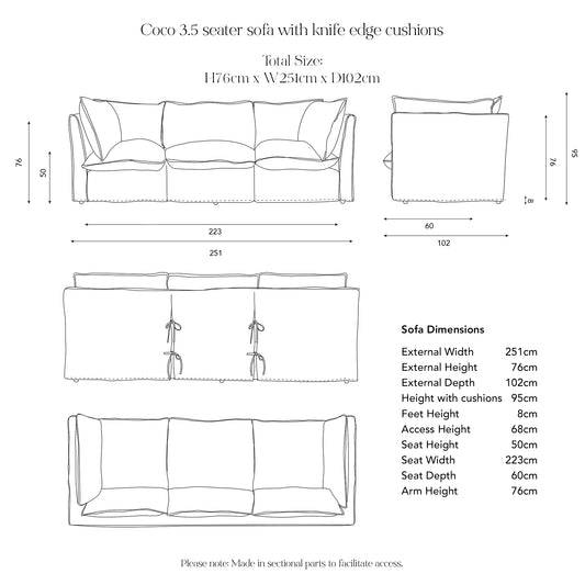 Coco 3.5 seater sofa with Self Piped Knife Edge cushion in Brera Lino Chalk - Available for quick ship