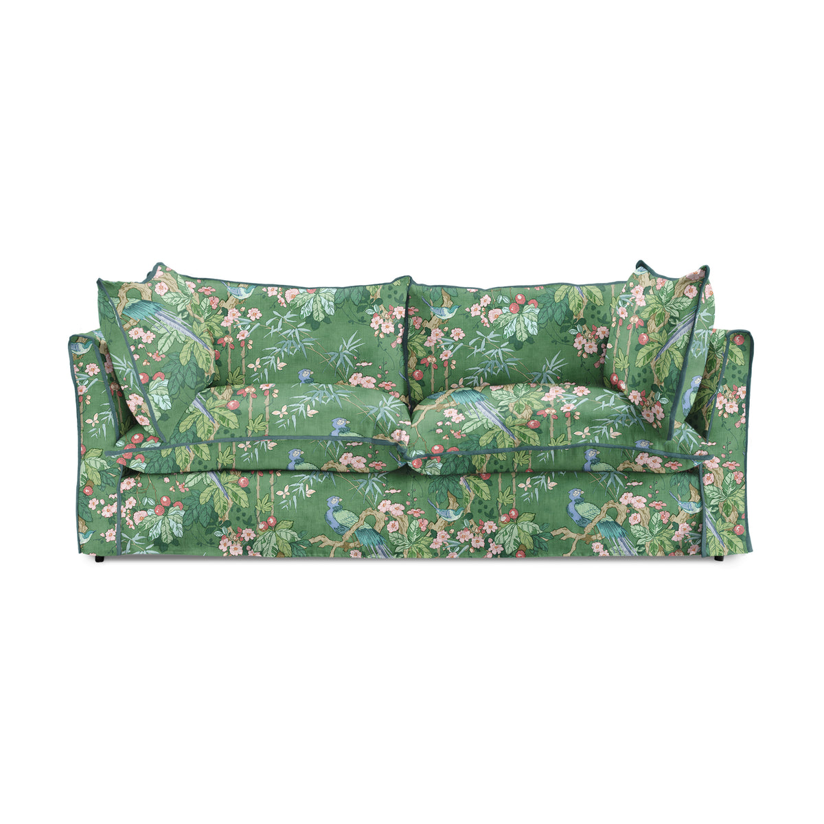 Coco 3 seater sofa with Knife Edge cushion in Juniper with Blue Lagoon Velvet Trim - Made to Order