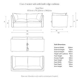 Coco 3 seater sofa with Self Piped Knife Edge cushion in Cornish Blue Stripes - Made to Order