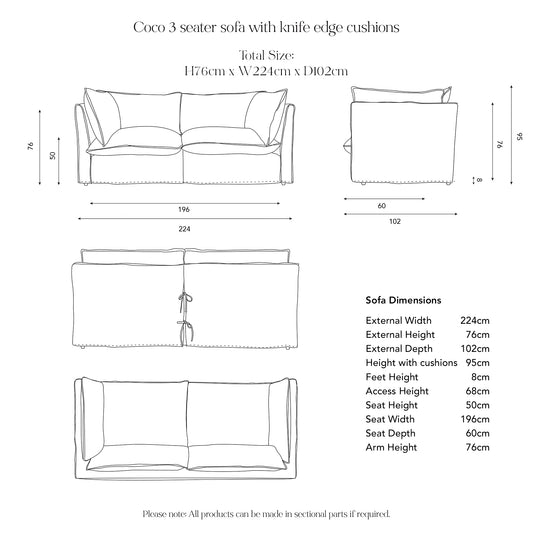 Coco 3 seater sofa with Self Piped Knife Edge cushion in Stripes Dandelion - Available for quick ship