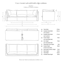 Coco 4 seater sofa with Self Piped Knife Edge cushion in Cotton Linen Inkspot - Made to Order