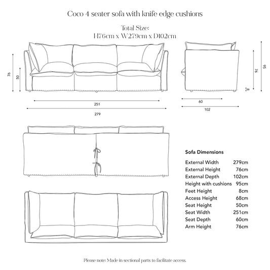 Coco 4 seater sofa with Self Piped Knife Edge cushion in Customers Own Material (excl. Fabric) - Made to Order