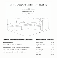 Coco L-Shaped Sofa with Footstool in Customer's Own Material - Made to Order