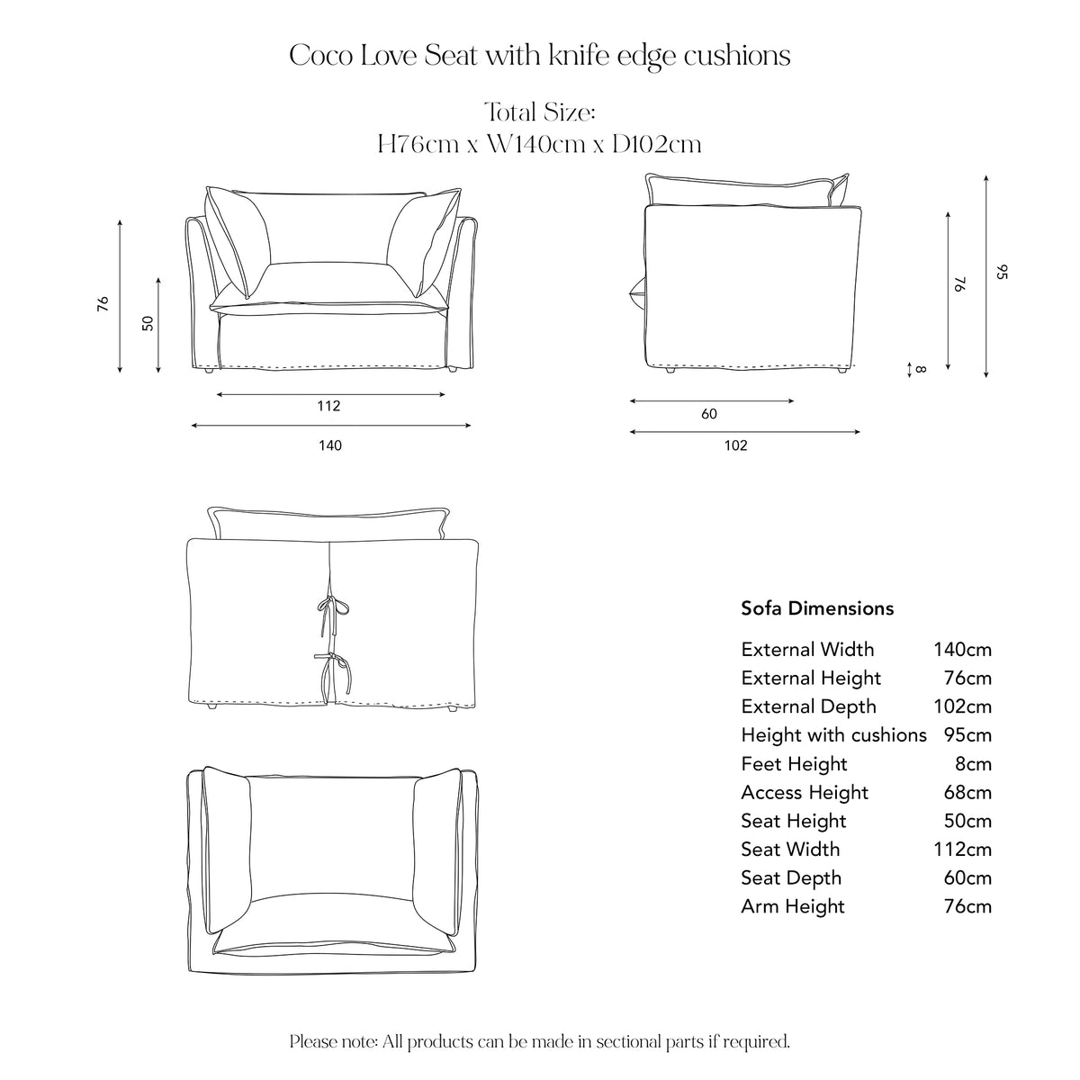 Coco Loveseat with Self Piped Box Edge cushion in Customers Own Material (excl. Fabric) - Made to Order