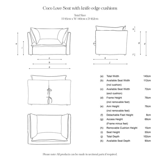 Coco Loveseat with Self Piped Knife Edge cushion in Cotton Linen Cool Coconut - Cover Only