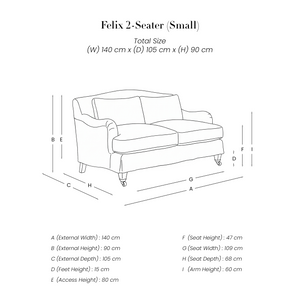 Felix 2 Seater Sofa line drawing with dimensions