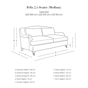 Felix 2.5 Seater Sofa line drawing with dimensions