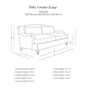 Felix 3 Seater Sofa line drawing with dimensions