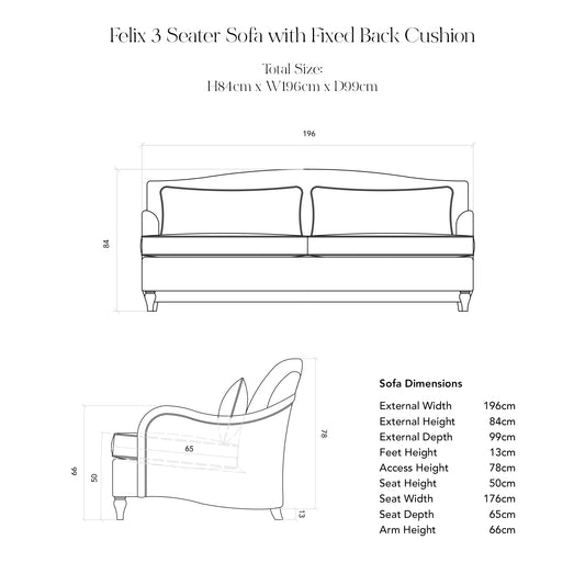 Felix 3 Seater Sofa Illustration with Dimensions