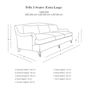 Felix 4 Seater Sofa line drawing with dimensions