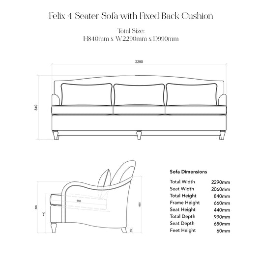 Felix 4 seater sofa in Natural Linen English Garden Grey Skies with Velvet Trim