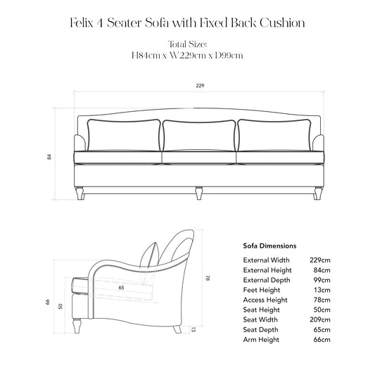 Felix 4 Seater Sofa Illustration with Dimensions