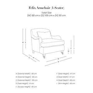 Felix Armchair (1-Seater) line drawing with dimensions