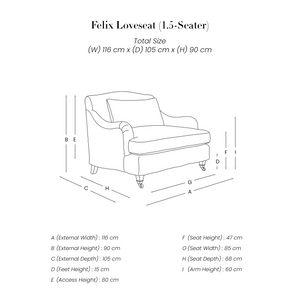 Felix Loveseat line drawing with dimensions