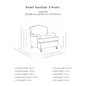 Isobel Armchair (1-Seater) line drawing with dimensions