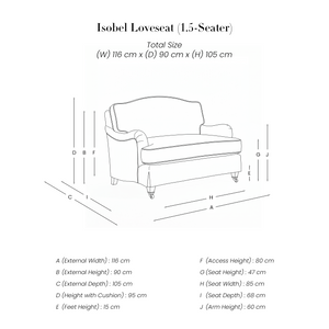 Isobel Loveseat (1.5-Seater) line drawing with dimensions