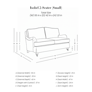 Isobel 2 Seater Sofa line drawing with dimensions in inches