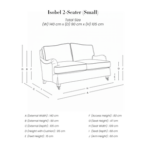 Isobel 2 Seater Sofa line drawing with dimensions