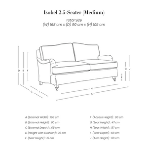 Isobel 2.5 Seater Sofa line drawing with dimensions