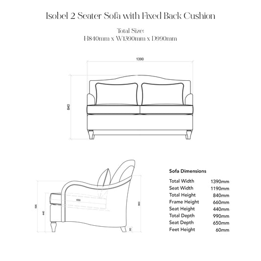 Isobel 2 seater sofa in Natural Linen Wildwood Ivory with Velvet Trim