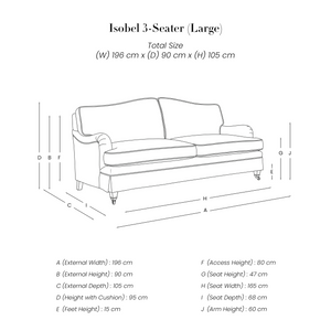 Isobel 3 Seater Sofa line drawing with dimensions