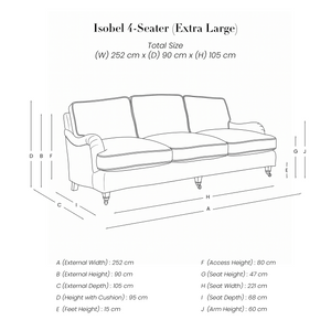 Isobel 4 Seater Sofa line drawing with dimensions