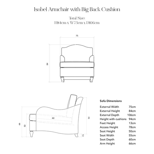 Isobel Armchair Illustration with Dimensions