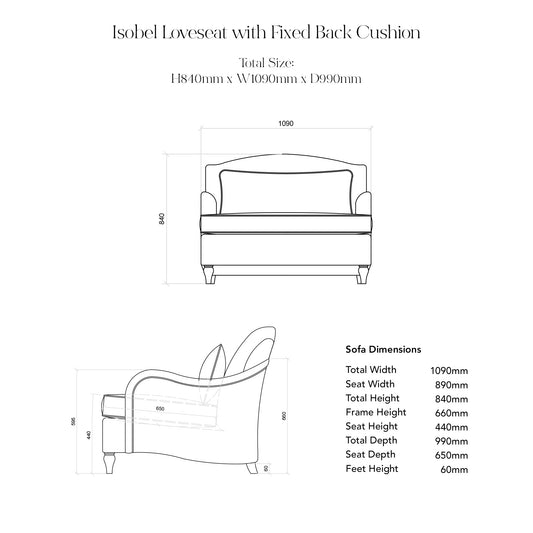 Isobel Loveseat in Natural Linen Kitty Indian Summer with Velvet Trim