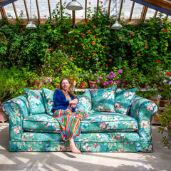 Salthrop Large Sofa with Scatter Cushion in Juniper with Pine Velvet Trim