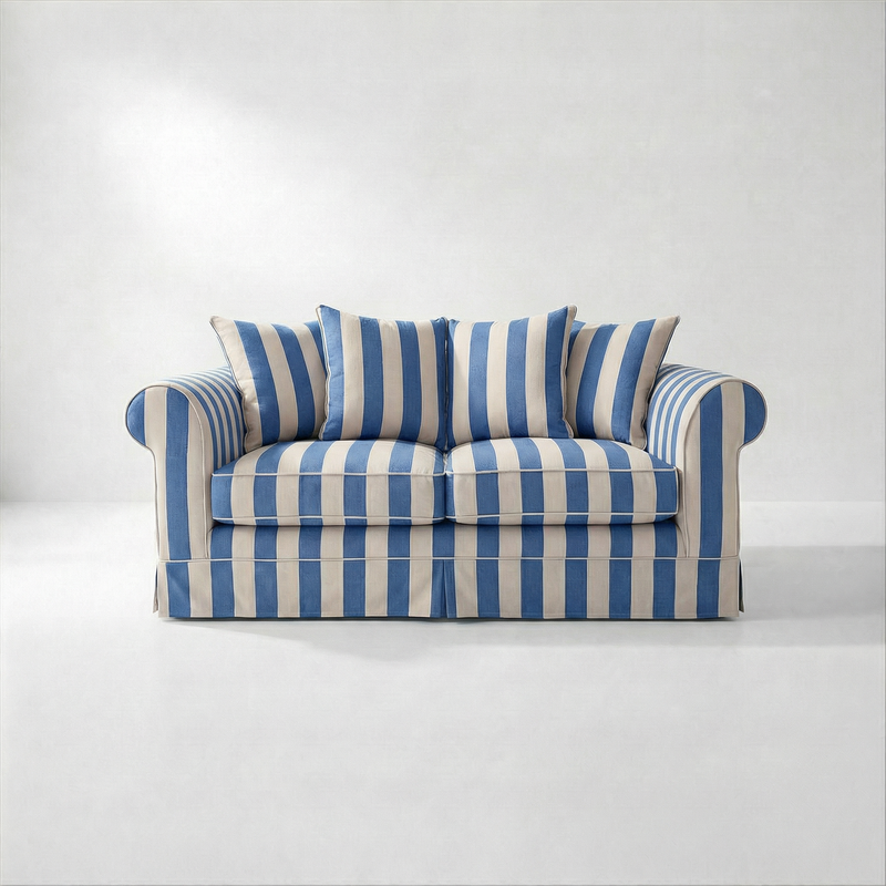 Barton 2-Seater Sofa with Scatter Back Cushions in Cornish Blue Stripe - Made to Order