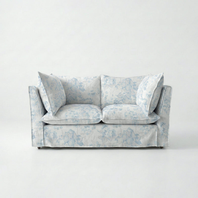Coco 2 seater sofa with Self Piped Knife Edge cushion in Midsummer Faded Blue - Made to Order