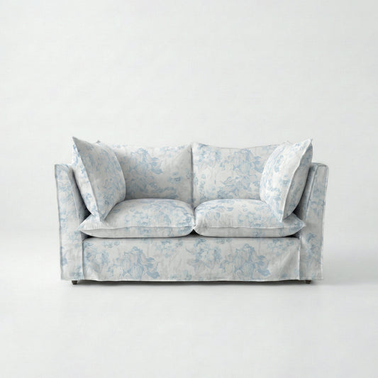 Coco 2 seater sofa with Self Piped Knife Edge cushion in Midsummer Faded Blue - Made to Order