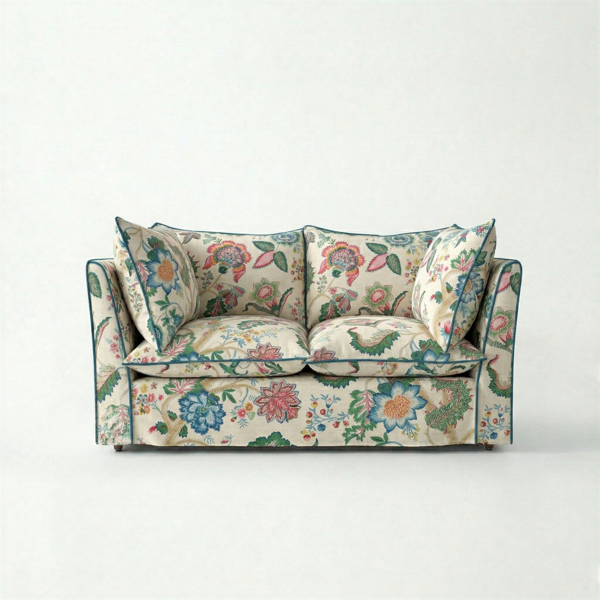 Coco 2 seater sofa with Knife Edge cushion in Kitty Spring Green with Velvet Trim - Made to order