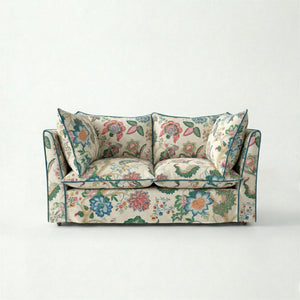 Coco 2 seater sofa with Knife Edge cushion in Kitty Spring Green with Velvet Trim - Made to order