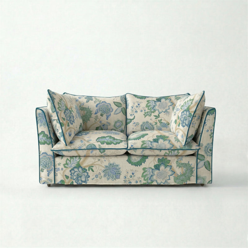 Coco 2 seater sofa with Knife Edge cushion in Kitty Blue Green with Velvet Trim - Made to order