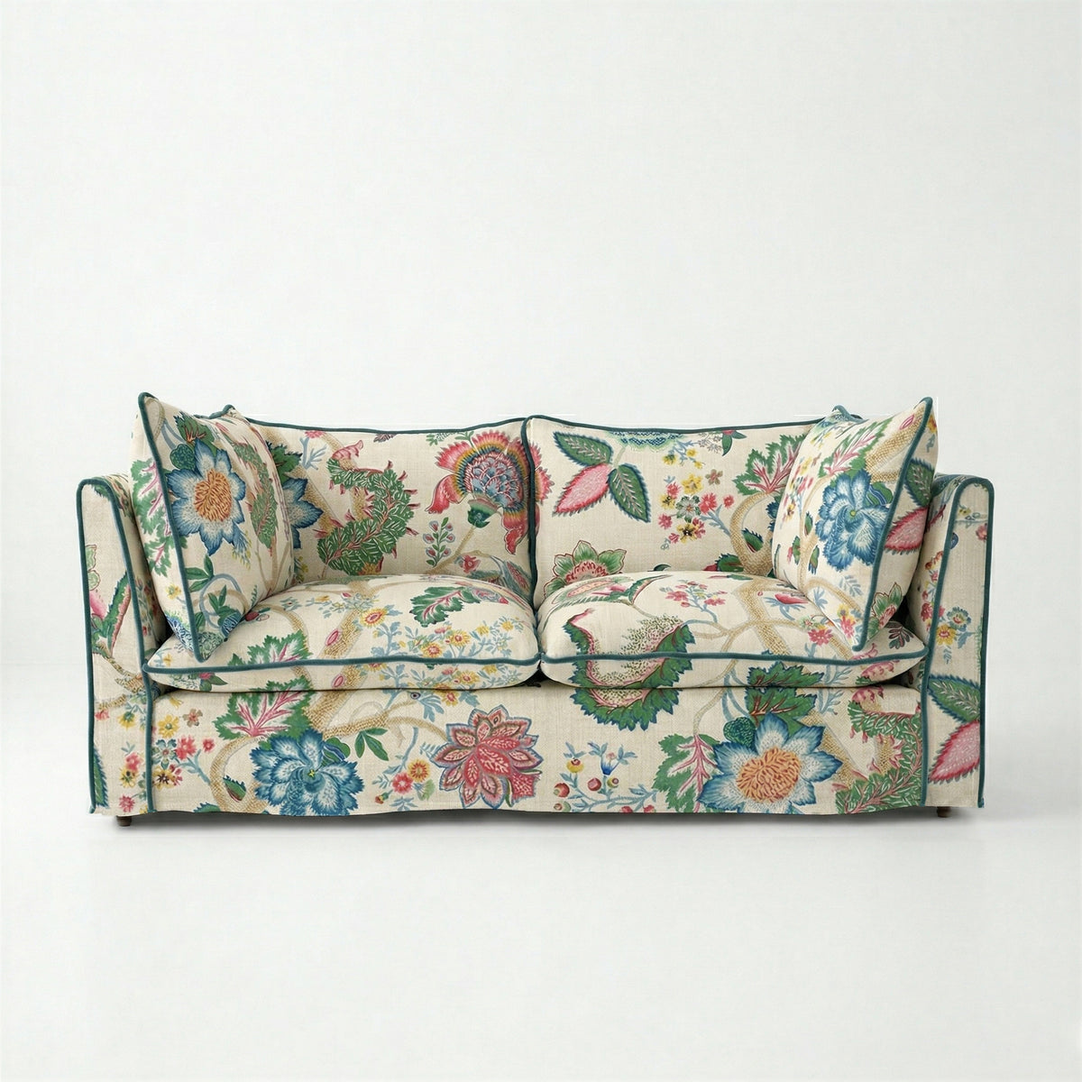 Coco 2.5 seater sofa with Knife Edge cushion in Kitty Spring Green with Lagoon Velvet Trim - Made to Order