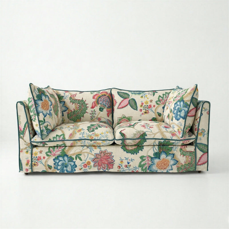 Coco 2.5 seater sofa with Knife Edge cushion in Kitty Spring Green with Lagoon Velvet Trim - Made to Order