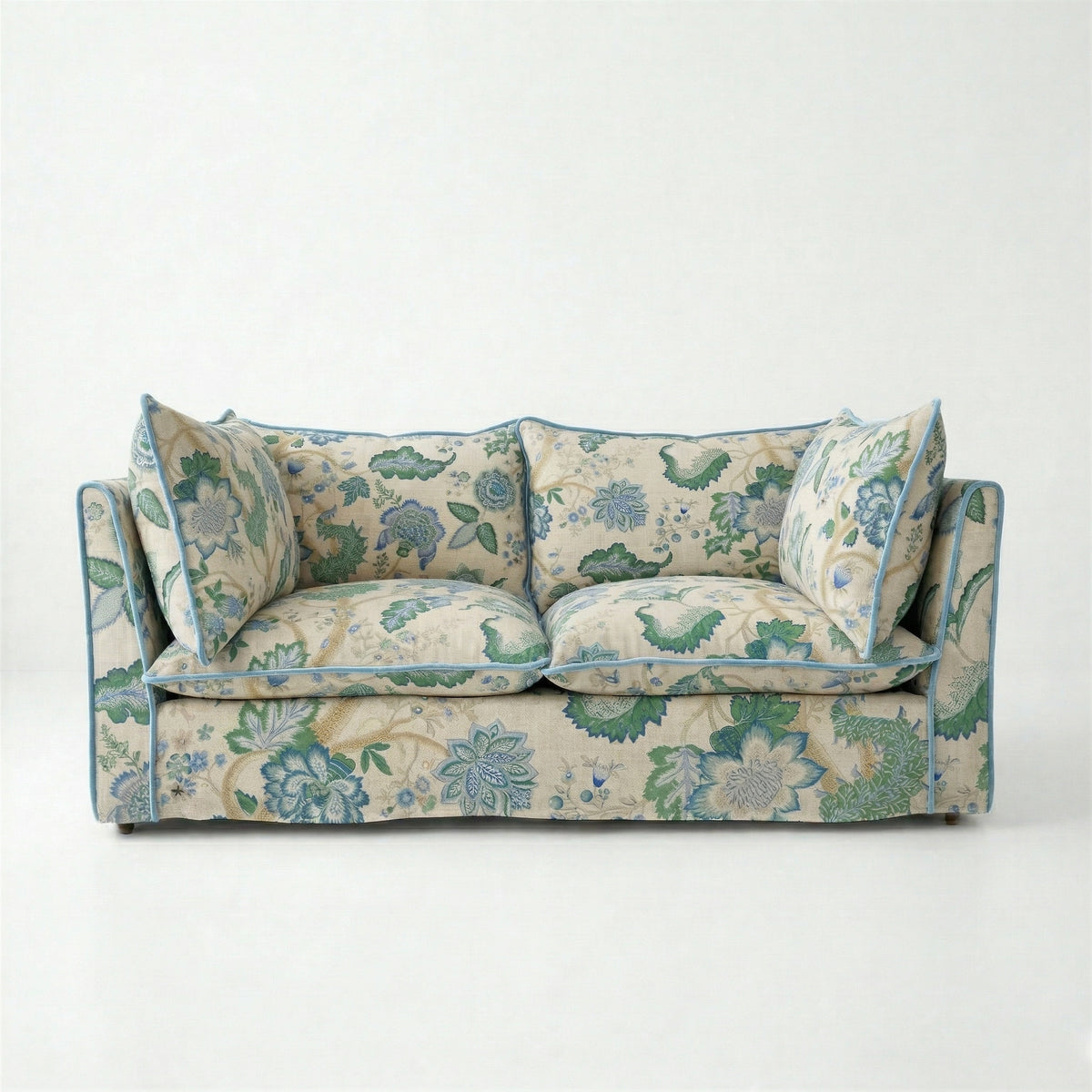 Coco 2.5 seater sofa with Knife Edge cushion in Kitty Blue Green with Parakeet Velvet Trim - Made to Order