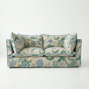Coco 2.5 seater sofa with Knife Edge cushion in Kitty Blue Green with Parakeet Velvet Trim - Made to Order