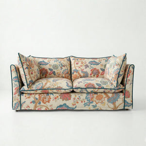 Coco 2.5 seater sofa with Knife Edge cushion in Kitty Indian Summer with Velvet Trim - Made to Order