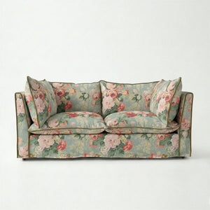 Coco 2.5 seater sofa with Knife Edge cushion in English Garden Grey Skies with Velvet Trim - Made to Order
