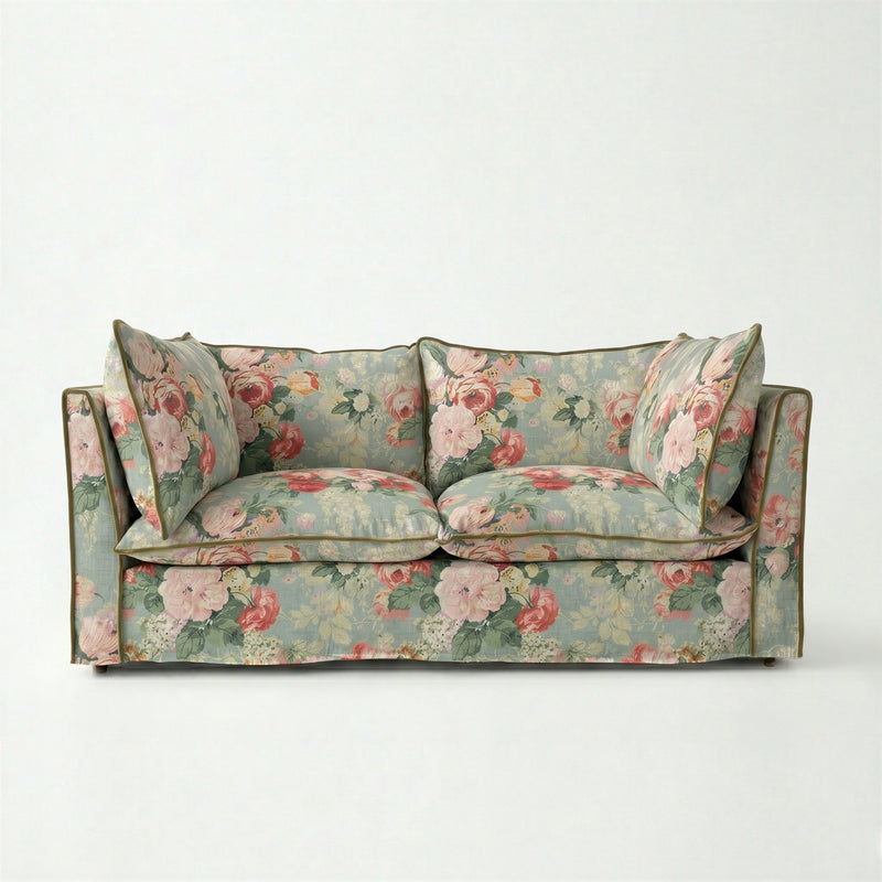 Coco 2.5 seater sofa with Knife Edge cushion in English Garden Grey Skies with Velvet Trim - Made to Order