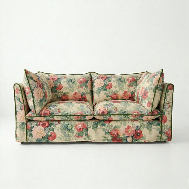 Coco 2.5 seater sofa with Knife Edge cushion in English Garden Classic Rose with Velvet Trim - Made to Order