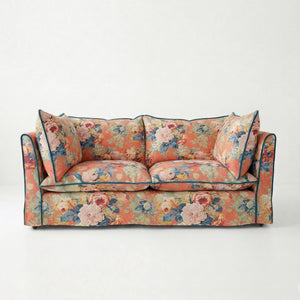 Coco 2.5 seater sofa with Knife Edge cushion in English Garden Coral Orange with Velvet Trim - Made to Order