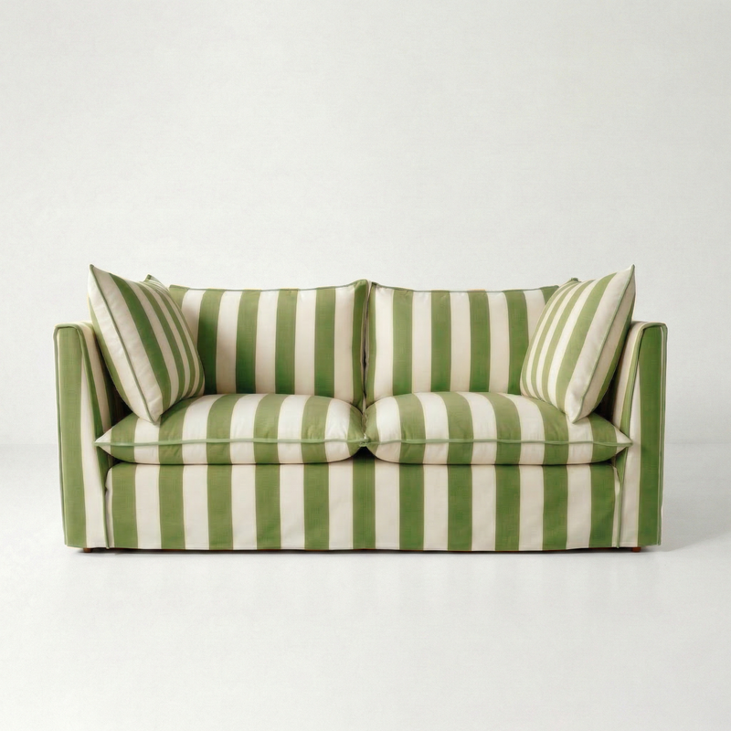 Coco 2.5 seater sofa with Self Piped Knife Edge cushion in Spring Green Stripes - Made to Order