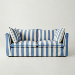 Coco 2.5 seater sofa with Self Piped Knife Edge cushion in Cornish Blue Stripes - Made to Order